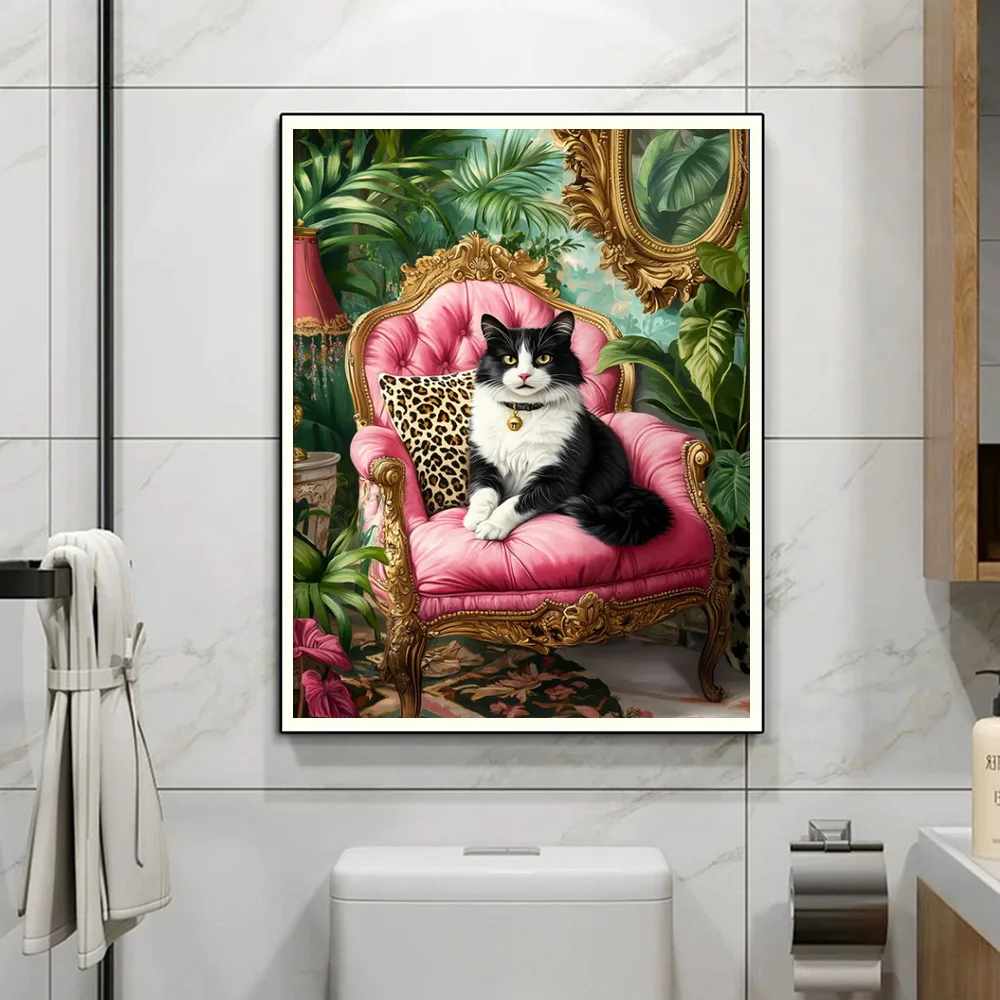 النمط الاستوائي الدوبامين مضحك القط الأسود قراءة صحيفة على المرحاض الملصقات الإبداعية الفن الحديث قماش اللوحة ديكور الحمام #3