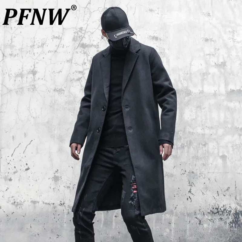 

PFNW Darkwear Black Single Breasted Knee Length Woolen Coat For Men Men Autumn Witner Fashion Thickened Tweeds Coats New c