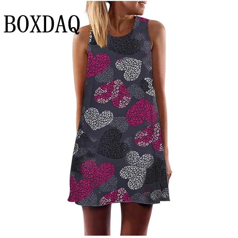 Mini vestido estampado com coração de amor feminino, túnica de verão, Hip Hop, vestido de praia, solto com o pescoço, vestido sem mangas linha A