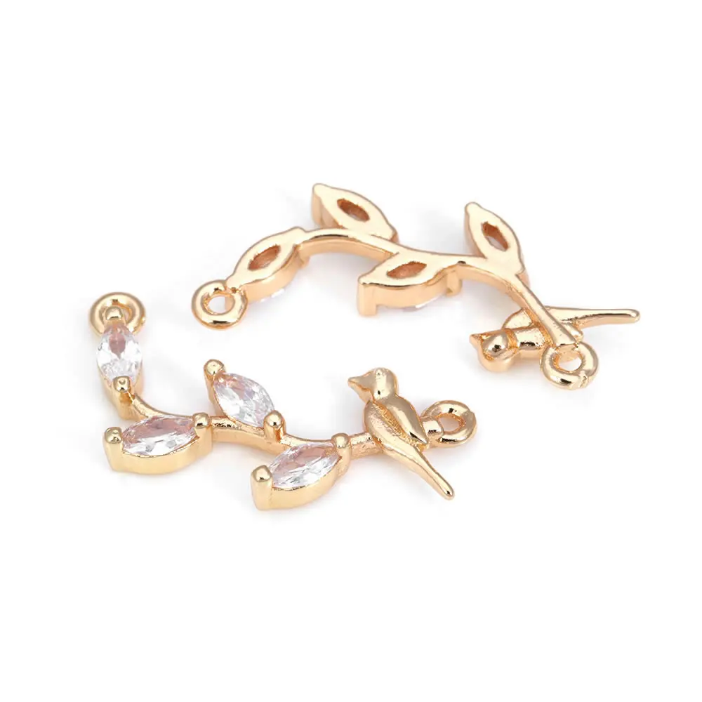 10PCS 18K Gold Color Brass and Zircon 2 Holes Branches and Bird Connect Charms Pendants Diy Jewelry Making Necklace Accessories