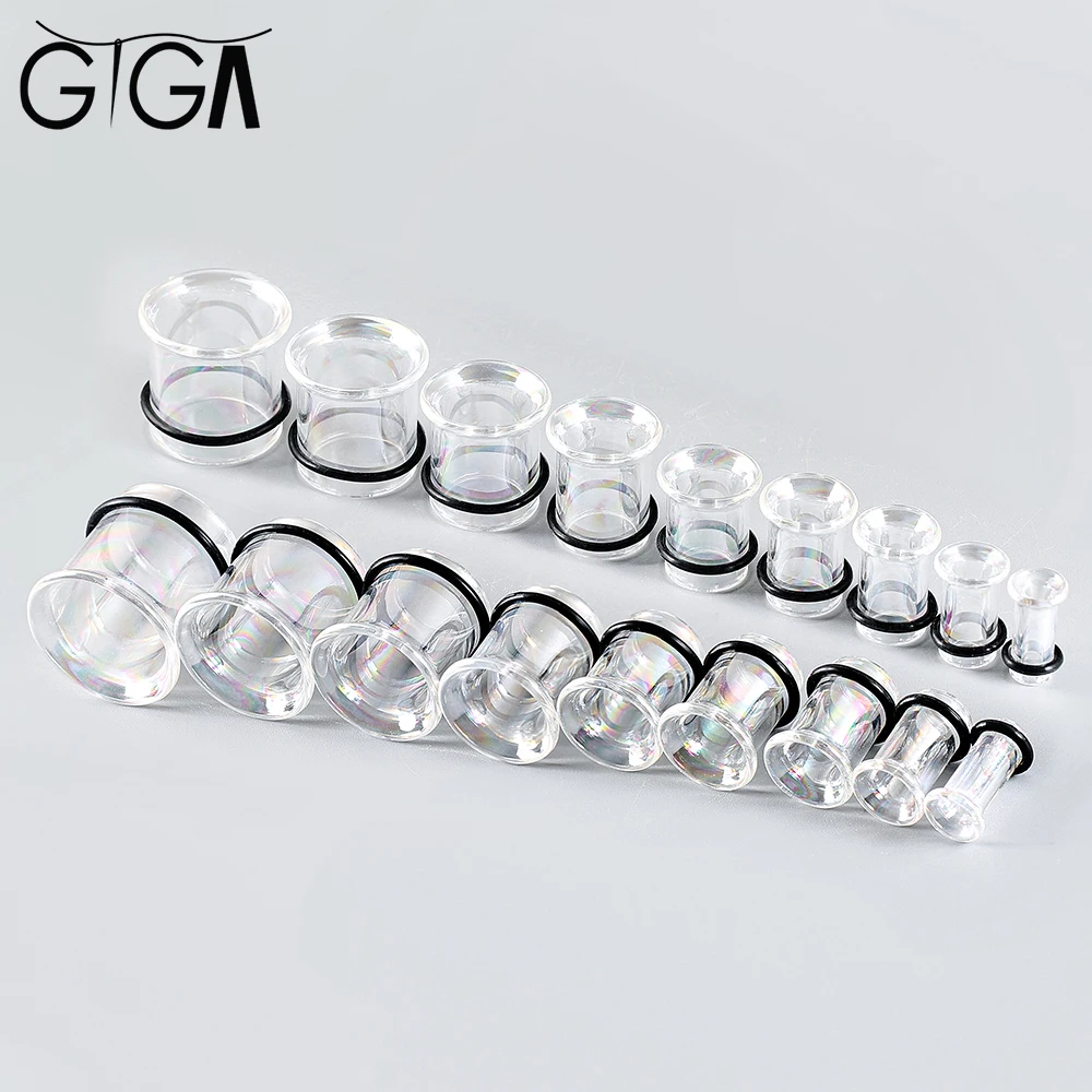 Giga 2PCS Iridescent Clear Glass Ear Tunnels Plugs Gauges Flared Body Stretcher Kit Expander Body Piercing Jewelry Fashion