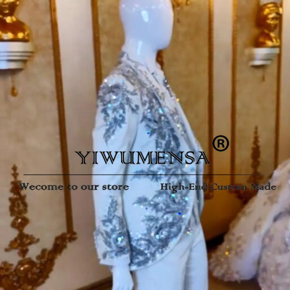 Saprkly Appliques Beaded Suits Men For Wedding Luxury Tailored Shawl Lapel Prom Blazerts White Groomsmen Tuxedos Costume Homme