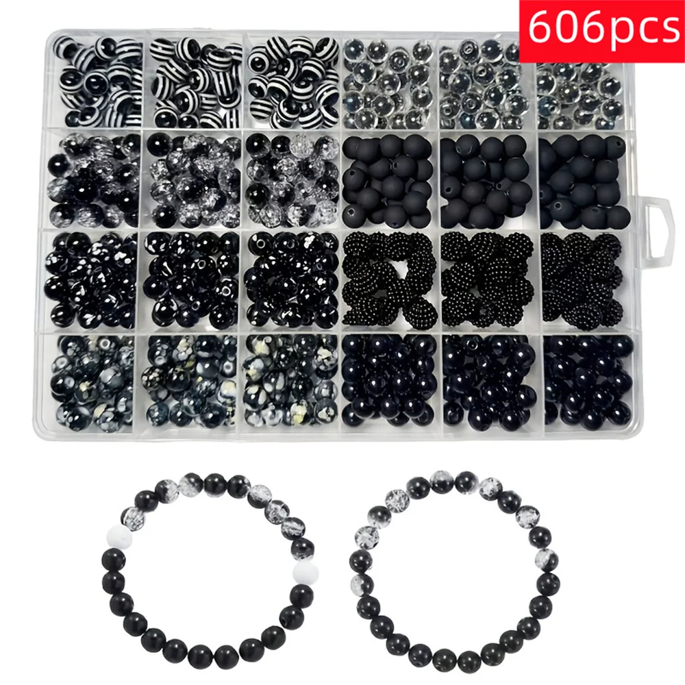 606pcs 8mm cracked AB color solid stripe black and white different effects round bead jewelry handmade kit DIY bracelet