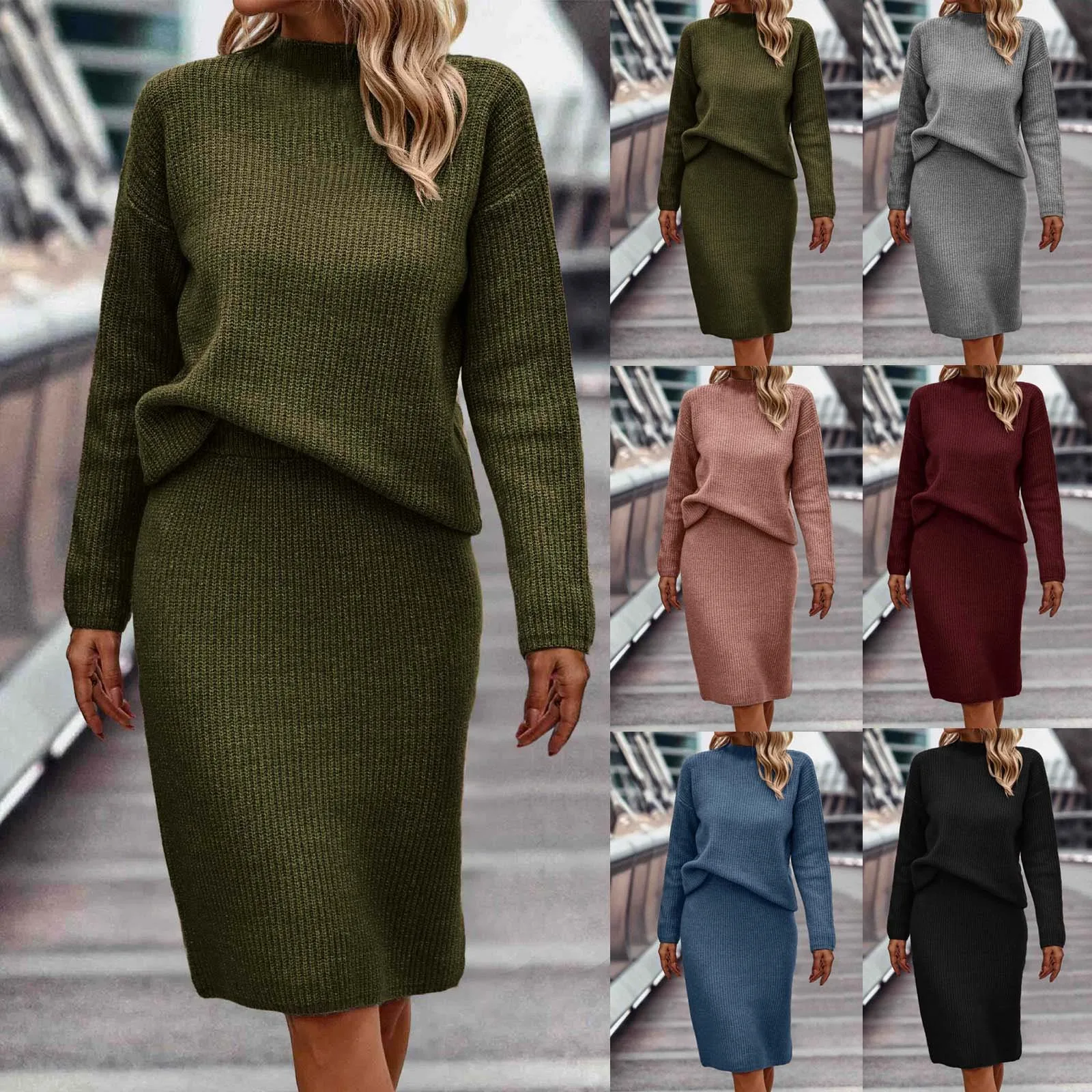 Damenmode Herbst Winter einfarbig Langarm Langrock halber Roll kragen pullover Set Robe hübsche Abschluss Freizeit kleid