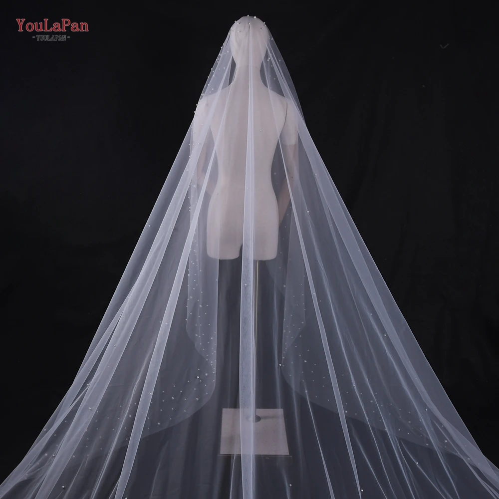 YouLaPan V145 velo da sposa cattedrale con perline complete di perle velo da sposa a 1 livello accessori per capelli da sposa velo lungo da sposa