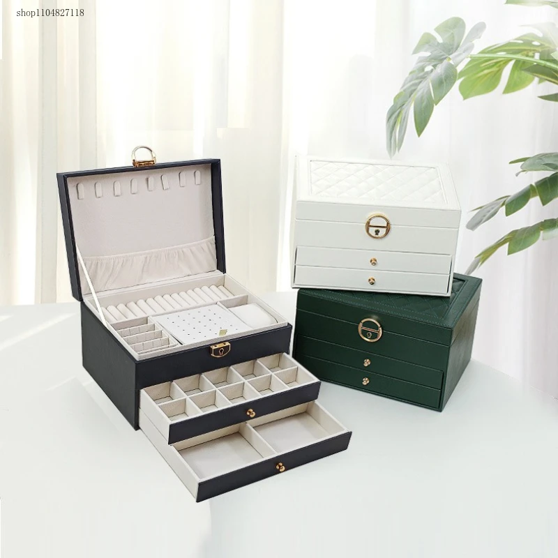 

Three-layer large-capacity box with compartments for necklaces, bracelets, rings, watch storage, and earrings and jewelry