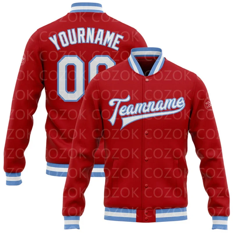 

Custom Red Blue Color 3D Printed Baseball Button Jacket Bomber Full-Snap Varsity Letterman Jacket