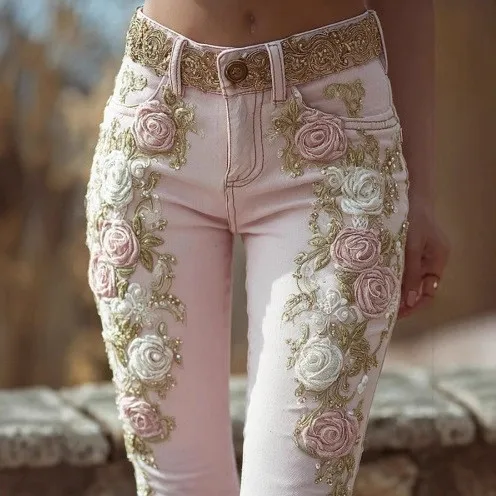 a Line Flared Jeans Princess Style with Full Length Embroidery Fresh Sweet Long Pants Summer Embroidered Flared Jeans for Women