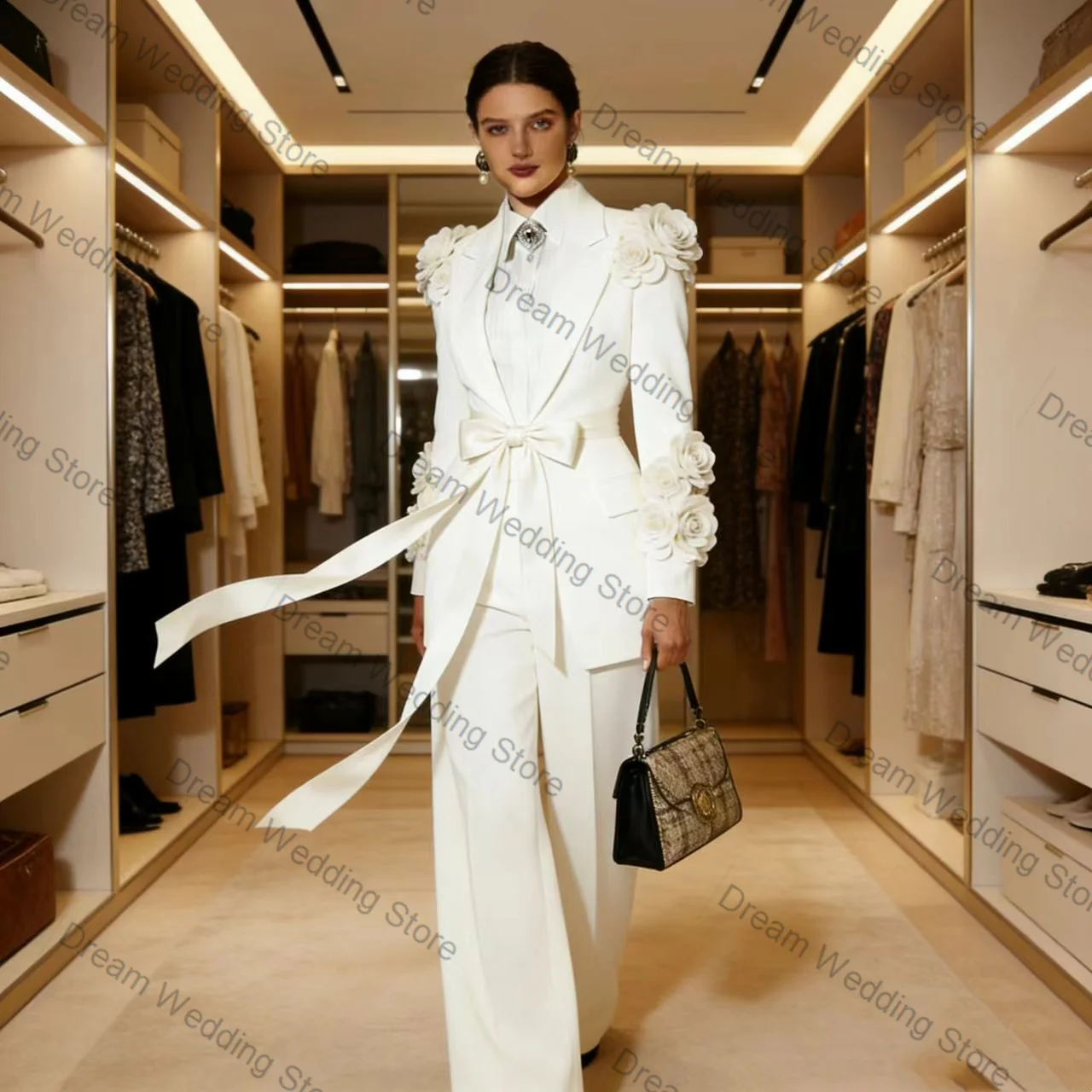 

Spring Bow White Women Suit Set 2 Pcs Blazer+Pants Trousers Cotton Formal Office Lady Jacket Customized Wedding Guest Coat