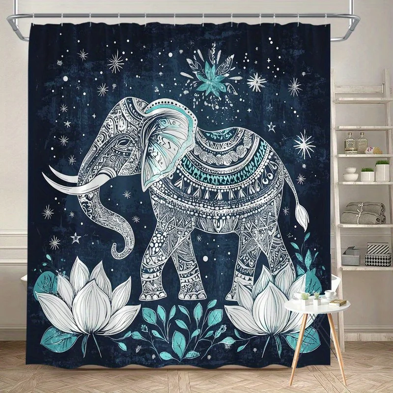 Mandala Shower Curtain 180x180cm – Elephant & Lotus in Turquoise, Boho Spiritual Bathroom Decor, 12 Hooks