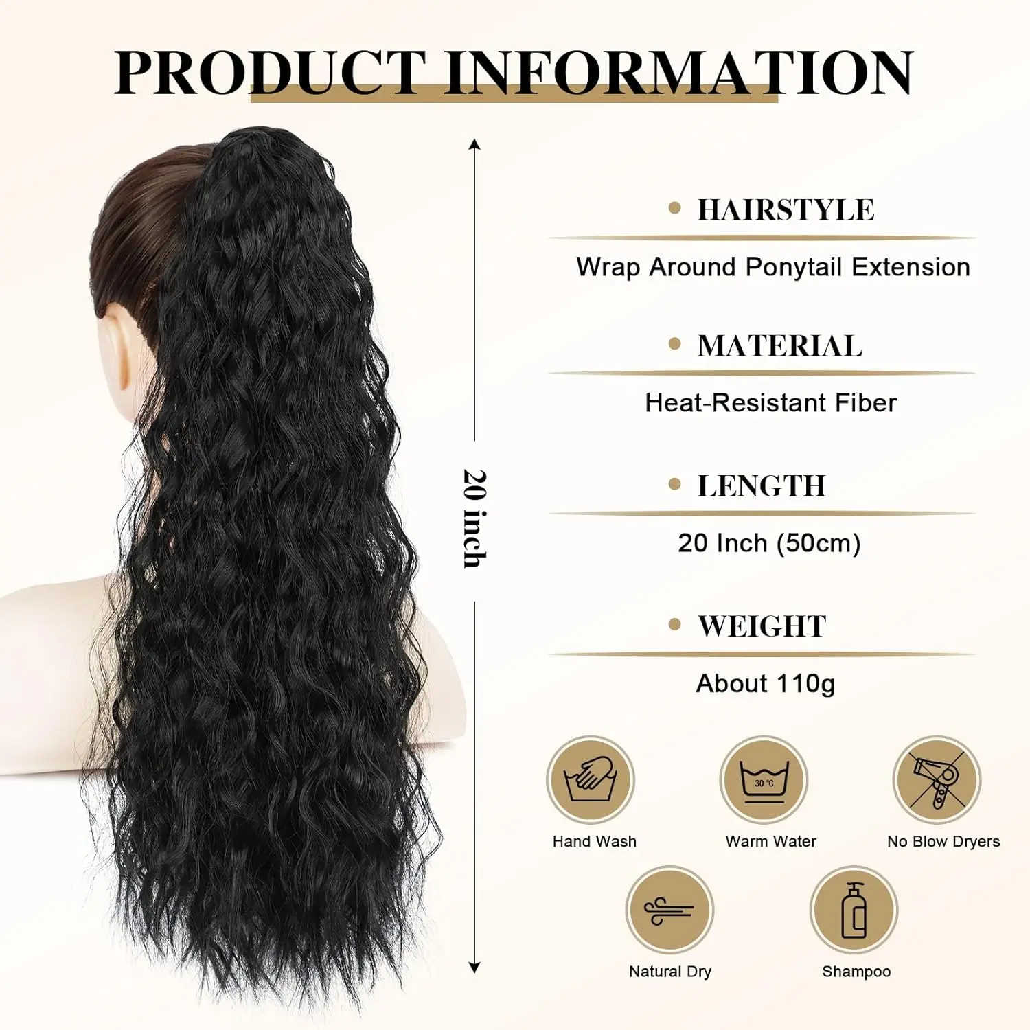 Corn Wave Ponytail Extension Clip in - 22Inch Long Wavy Curly Wrap Around Pony Tail Heat Resistant Synthetic Hairpiece for Women