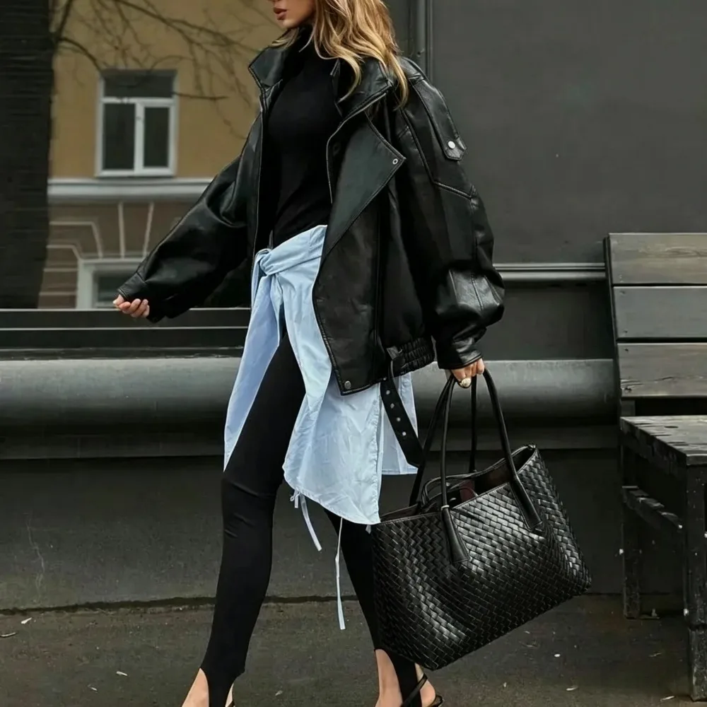 Faux Leather Coat Loose Female Top Women's Leather Jacket PU Jacket Female Solid New Retro Motorcycle Spring Autumn Vintage