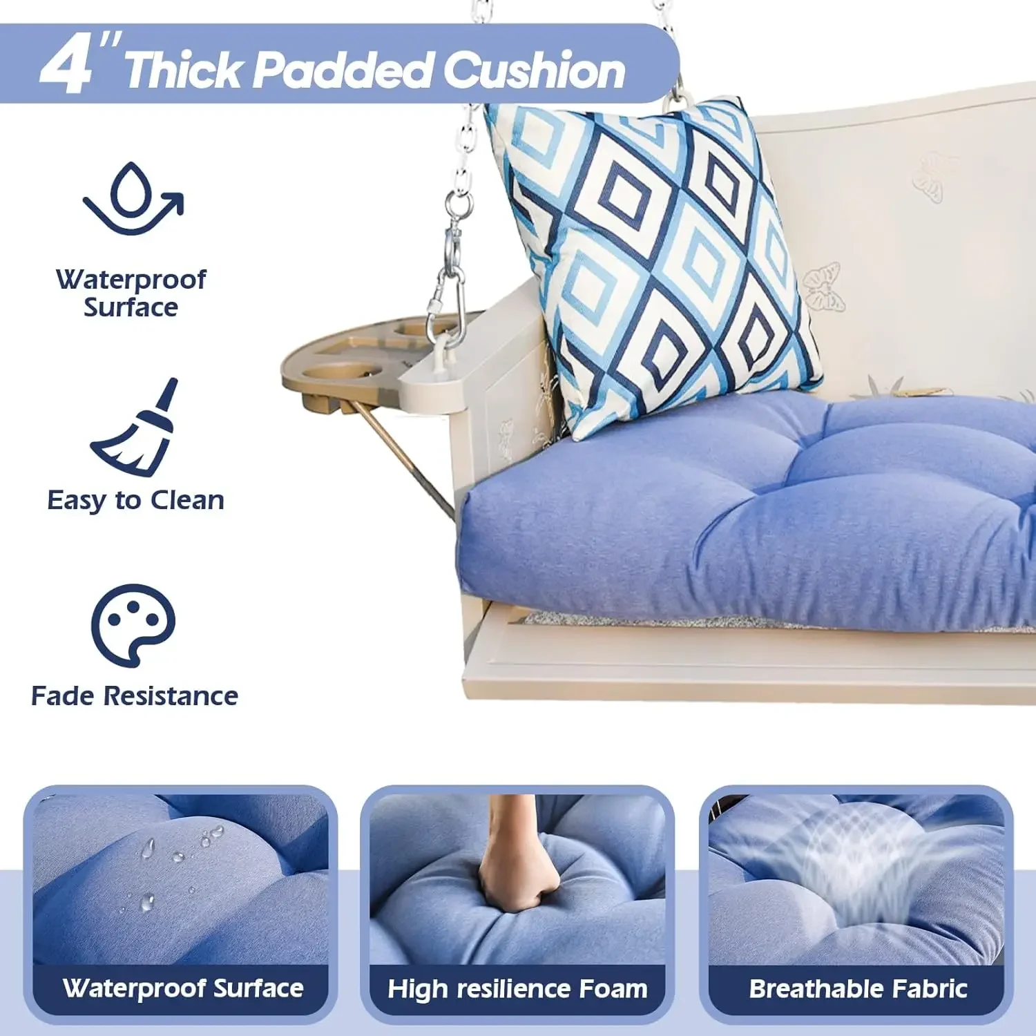 [وصول جديد! ] أرجوحة شرفة معدنية ذات 3 مقاعد 900 رطل، مقعد معلق عالي التحمل مع صينية مطورة ووسائد مقاومة للصدأ