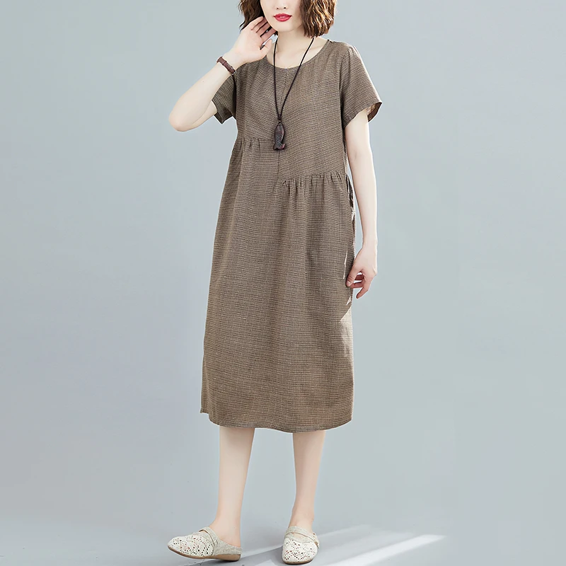Linen Dr Summer 202 New Loose plus Size Plaid Belly Conceal Slimming Midi Cotton Linen A-Line Skirt Women's Faion