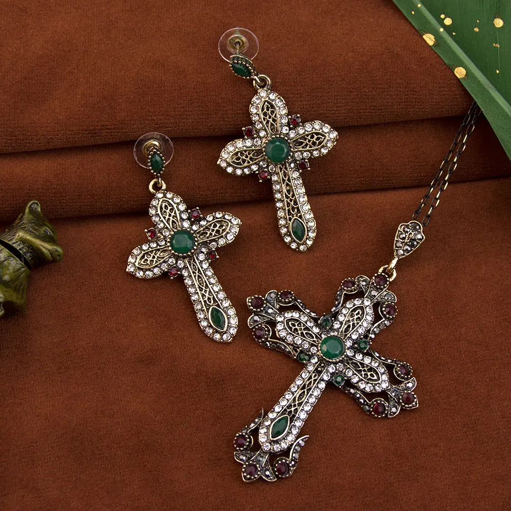 Schickes türkisches Kreuz-Schmuckset, Tropfen-Ohrring-Anhänger, Halsketten-Set für Frauen, Antik-Gold, Silber, Farbe, religiöses Bijoux