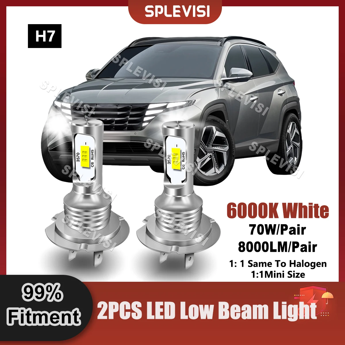 Plug And Play LED H7 Headlight Low Beam Bulbs 9V-24V 8000LM For Hyundai Tucson 2019 2020 2021 2022 2023 Automobile Low Lamp