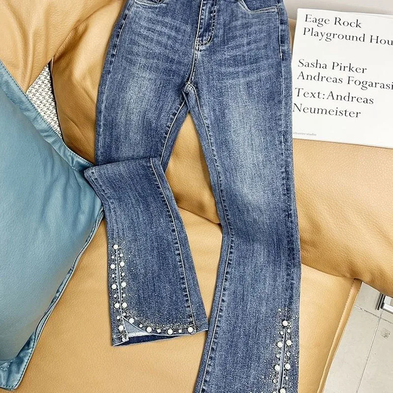 Hot Diamond Beaded Split Jeans For Women Spring Summer 2024 New High Waist Slim Bell-bottoms Trousers Denim Pants