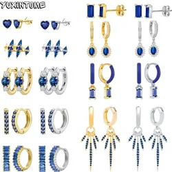925 Sterling Silver Needle Royal Blue Crystal Series Hoop Earrings for Women 2023 INS Luxury Charm Earrings Fashion Jewelry Gift