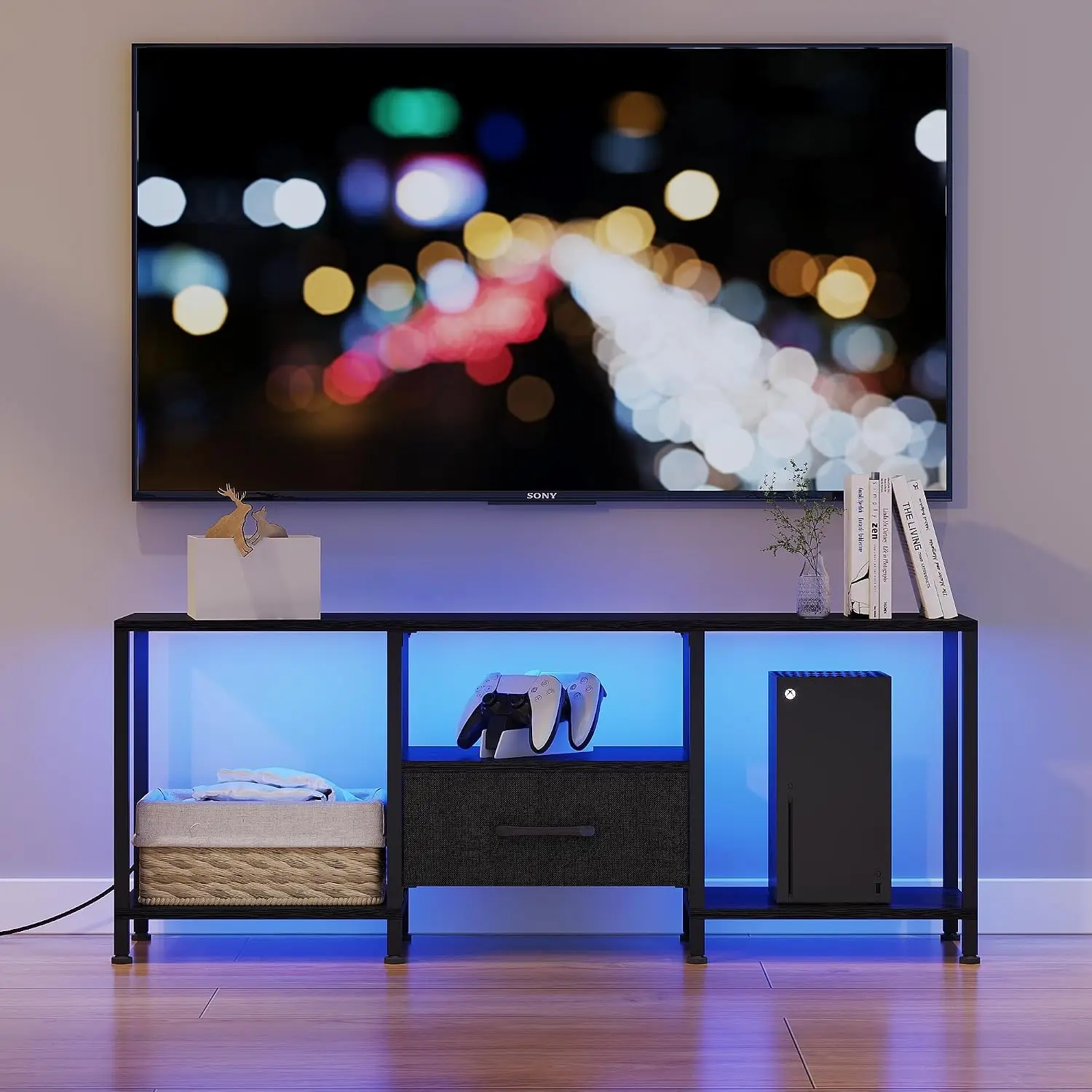 LED TV Stand with Open Shelves & Fabric Drawer, Media Console for 55" TV, Black, Living Room Bedroom view 2