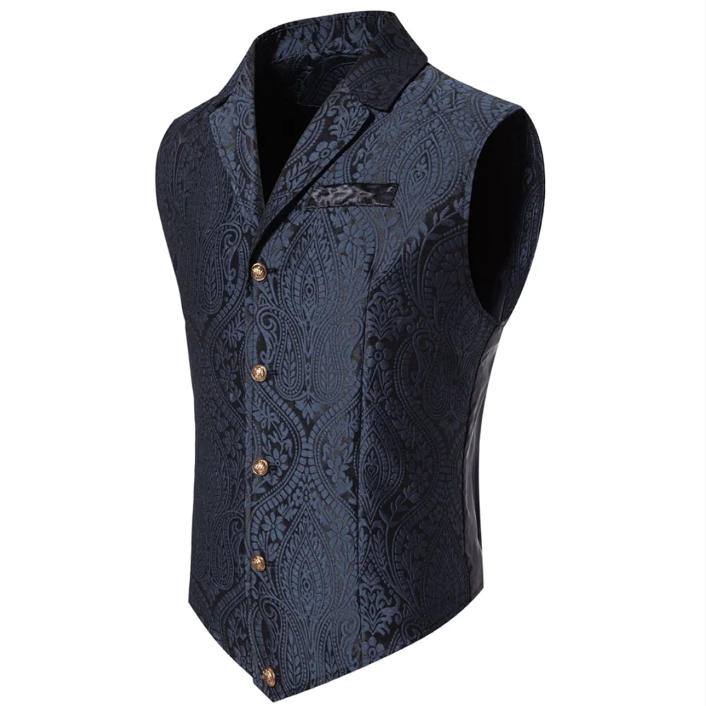 New Men\'s Lapel Vest Set For Men Dark Blue Jacquard Men\'s Suit Vest Male Waistcoat For Wedding Formal Jacket