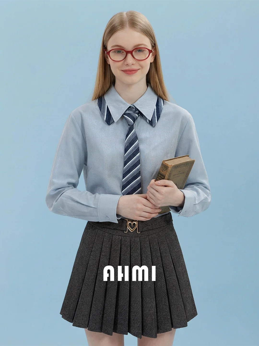 

AHMI Blue Long Sve Loose Women's irt Slimming College Sle Spring Autumn New Arrival Single Button Anti-Aging Top