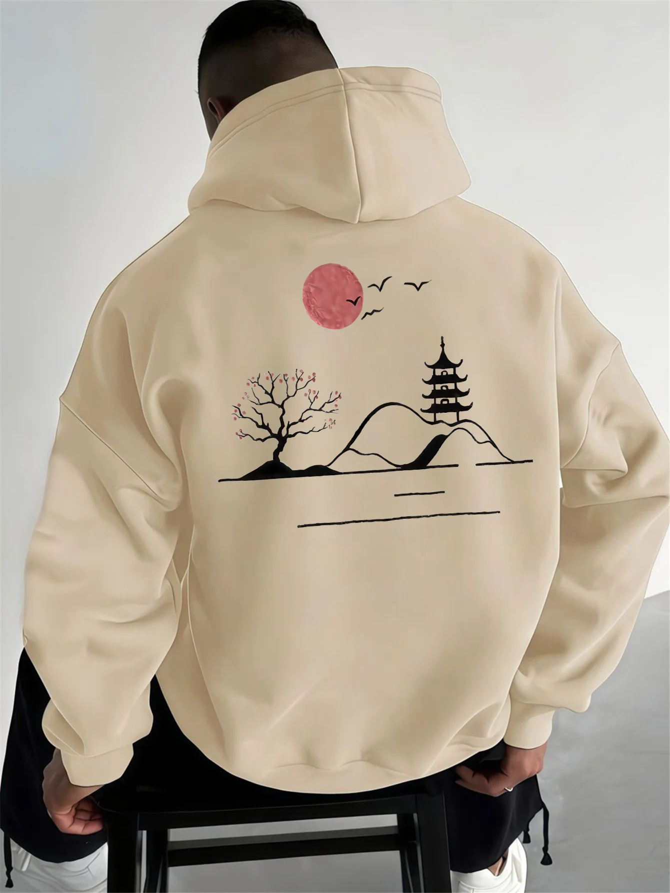 

Men'S Fashion Hoodie,with Pagoda and Plum Blossom Tree Print, Stylish Casual Pullover for Autumn/Winter Outdoor Wear