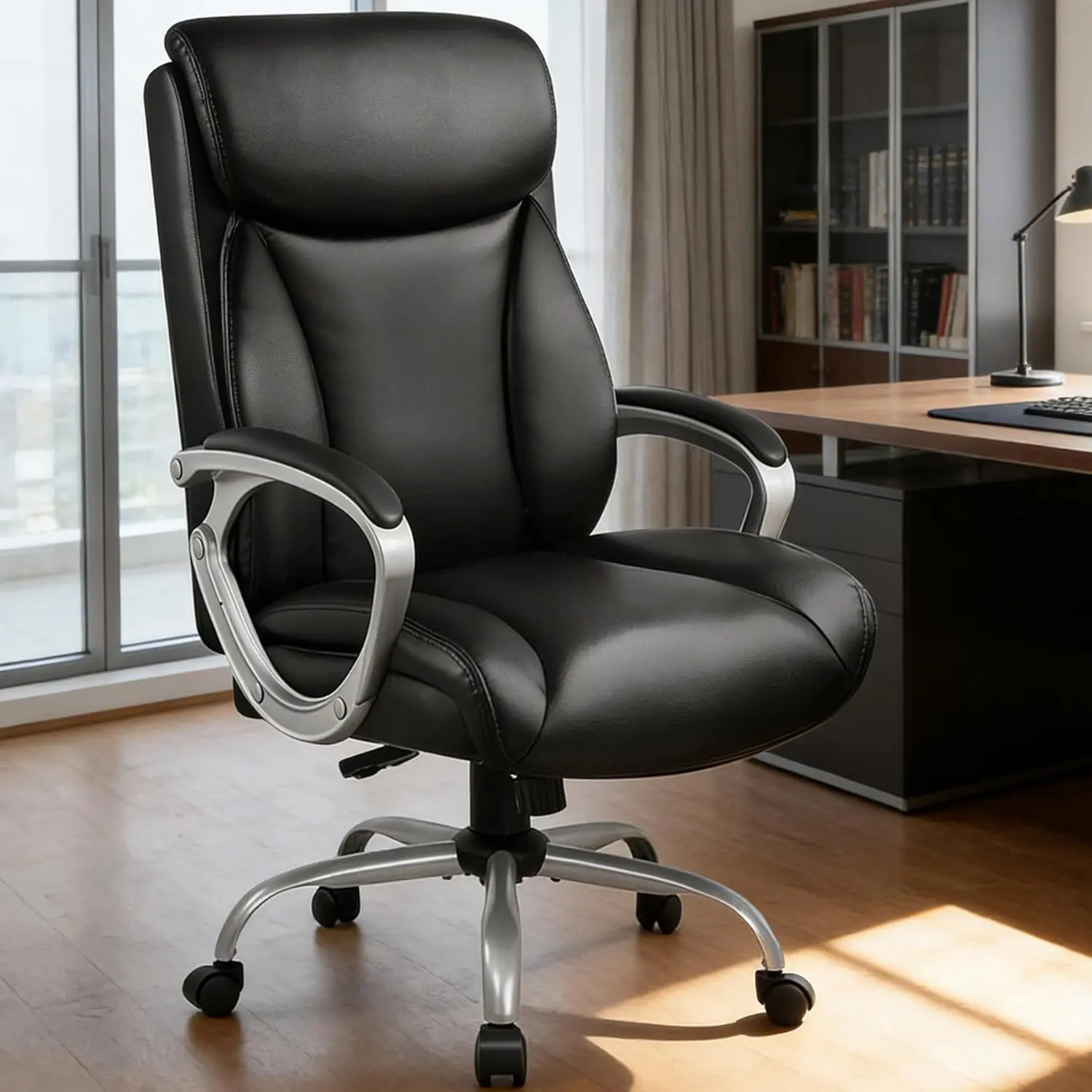 

Ergonomic Office Chair with PU Leather, Adjustable Height, Swivel Tilt, Headrest and Armrests for Home Desk Comfort