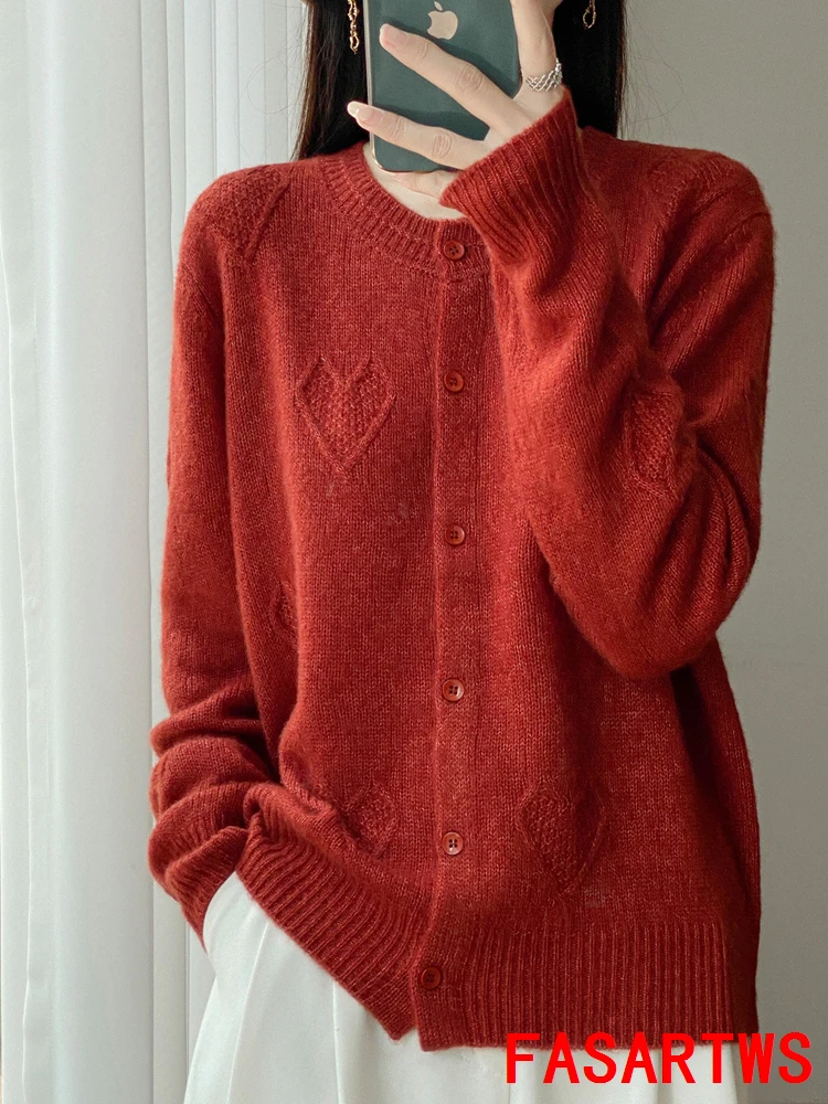 

Women New Chic Lyocell Wool Cardigan Jacquard O-Neck Knitwear Autumn Winter thickened Warm Sweater Soft Comfortable Fashion Coat