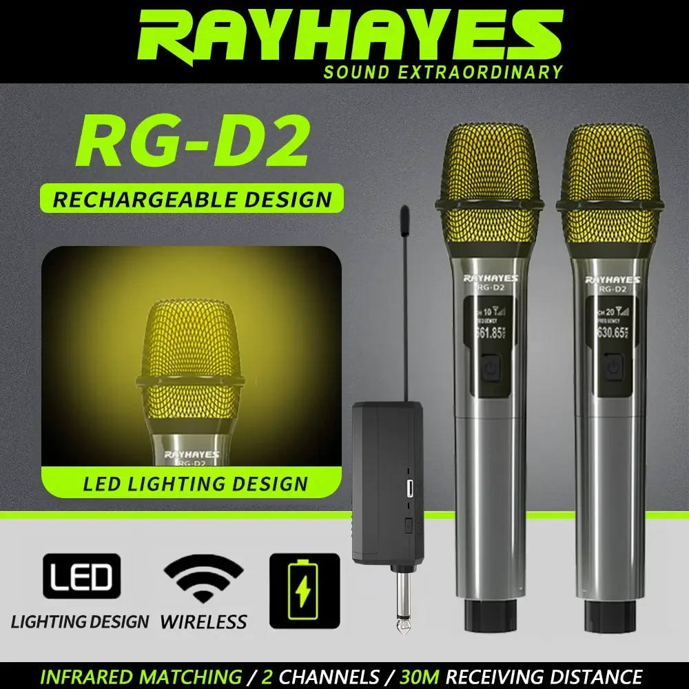 

RAYHAYES RG-D2 Wireless Rechargeable Microphone Features an LED light on the head Suitable for karaoke and outdoor parties