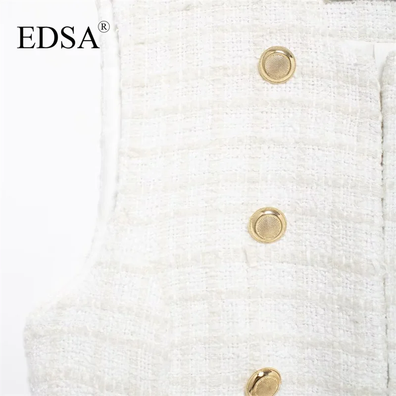 EDSA Women White Textured Waistcoat for Office Lady Long Tweed Sleeves Round Neck Gold-tone Buttons Vest Outerwear