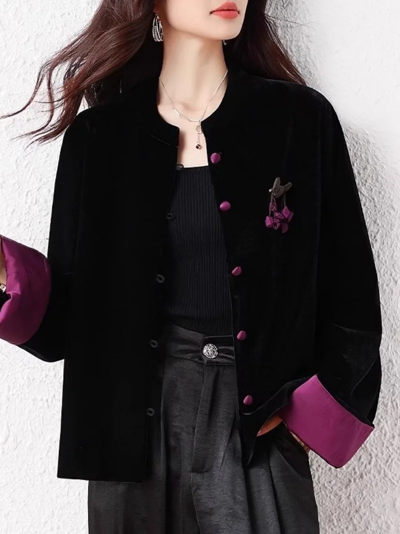 سترة على الطراز الصيني لعام 2025 للنساء، سترة خريفية أنيقة، معطف ربيعي مخملي فضفاض، قمة الموضة الوطنية متوسطة الطول W1764