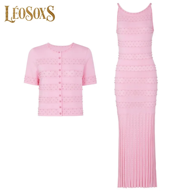 

LEOSOXS женский комплект из двух предметов, кардиган, платье макси с бахромой по подолу и текстурированным декором для элегантного стиля вечерней вечеринки 2025