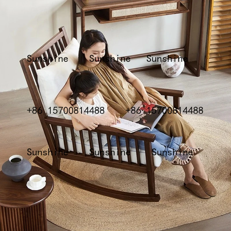 

Retro wabi-sabi wind pure solid wood recliner black walnut Mediterranean medieval resort fabric rocking chair