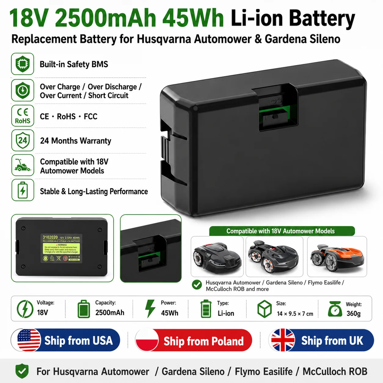 18V 2500mAh 45Wh Li-ion Replacement Battery for Husqvarna Automower Gardena Sileno Flymo Easilife McCulloch ROB Robotic Lawn Mower, Rechargeable Battery Pack with Smart BMS Protection