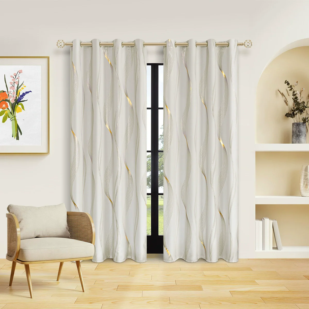 High Precision Wavy Gold-Embossed Blackout Curtains for Bedroom And Living Room - Sun Protection And Privacy