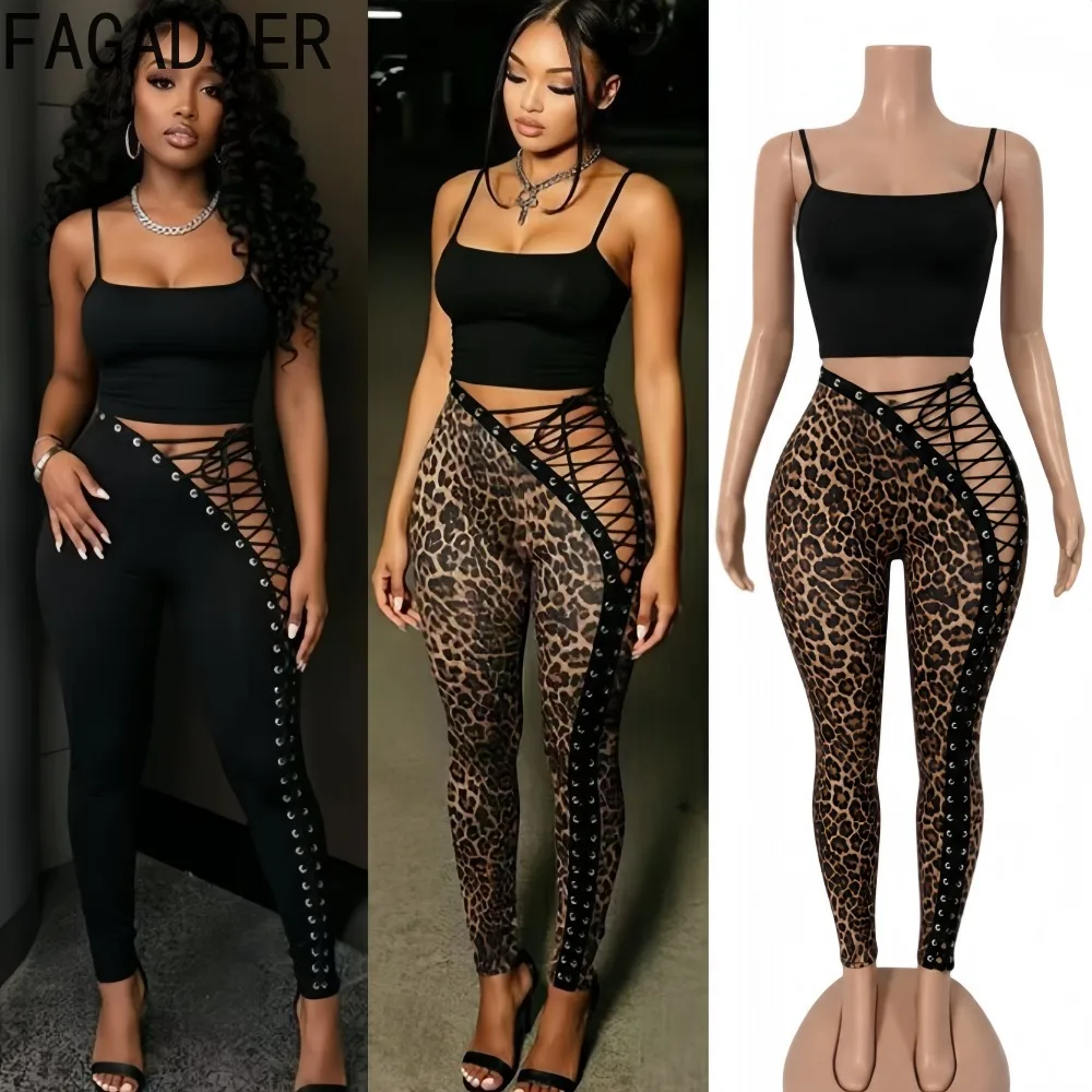 FAGADOER Women Sexy 2 Piece Set Leopard Cami Crop Top and Side Lace Up Cutout Skinny Pants Y2K Streetwear Club Party Outfit
