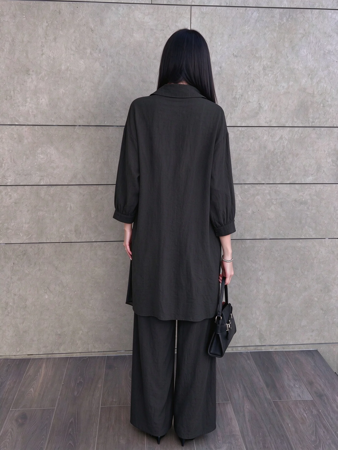 Women 2 Piece Outfit Long Sleeve Loose Shirt with Side Slit Drawstring High Waist Wide Leg Pants Casual Matching Set