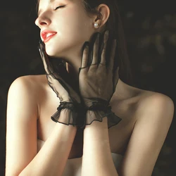 Women Lace Gloves Short Tulle Gloves Full Finger Gloves Etiquette Silk Gloves Stretchy Lotus Leaf Sheers Sexy Dress Bride Mitten