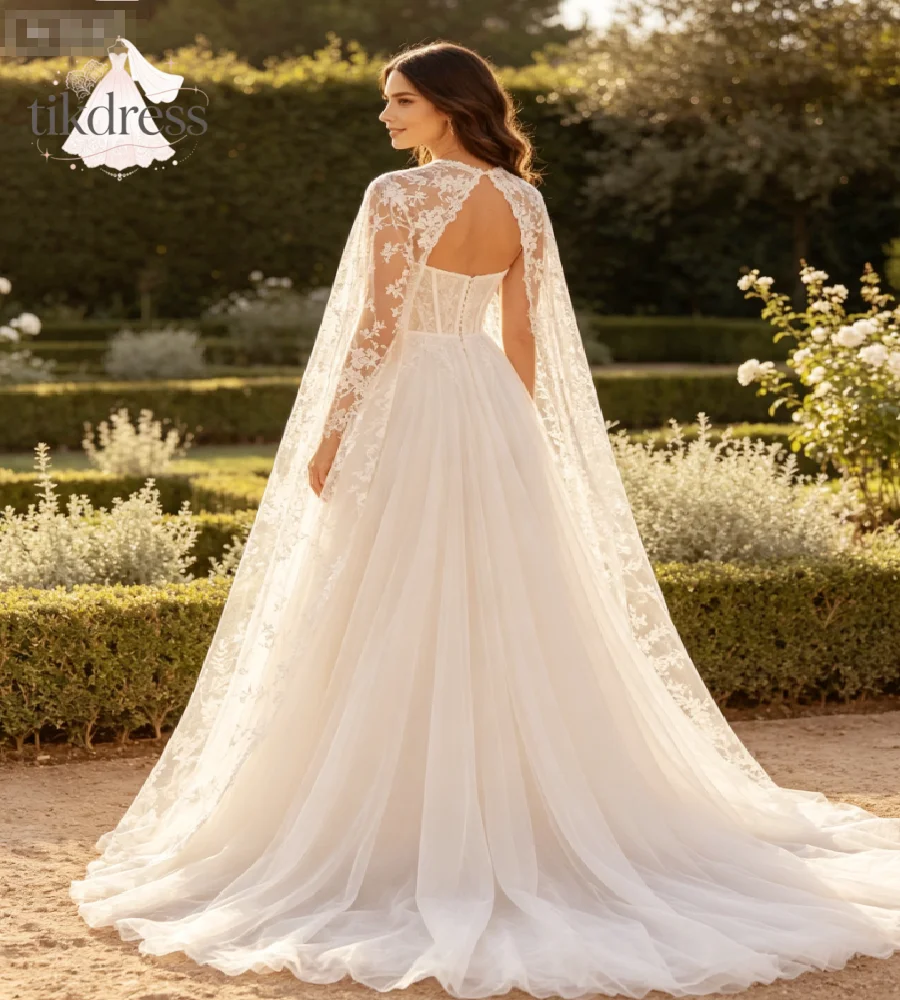 Romantic Garden A Line Wedding Dress With Lace Cape Elegant Boho Rustic Bride Gown 2027 Corset Bodice Beach Mariage Customized