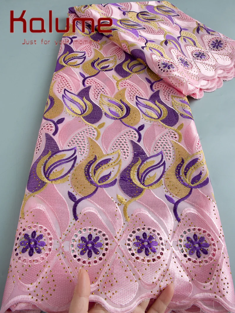 Kalume 2025 Swiss Voile Lace with Stones Cotton African Lace Fabric Fabric High Quality Embroidery for Party Wedding Dress F4512