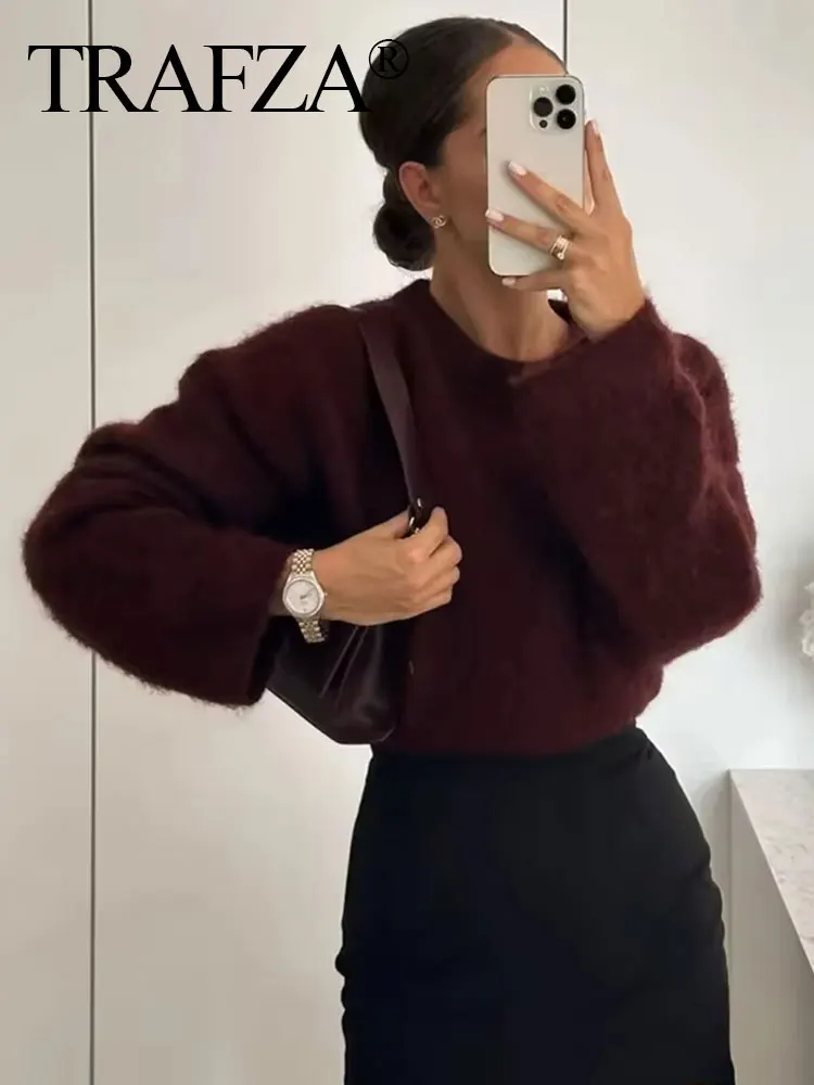 HH Vintage Red O-Neck Sweater Pullover For Women Casual Long Sleeved Loose Knitwear 2024 New Autumn Female High Streetwear