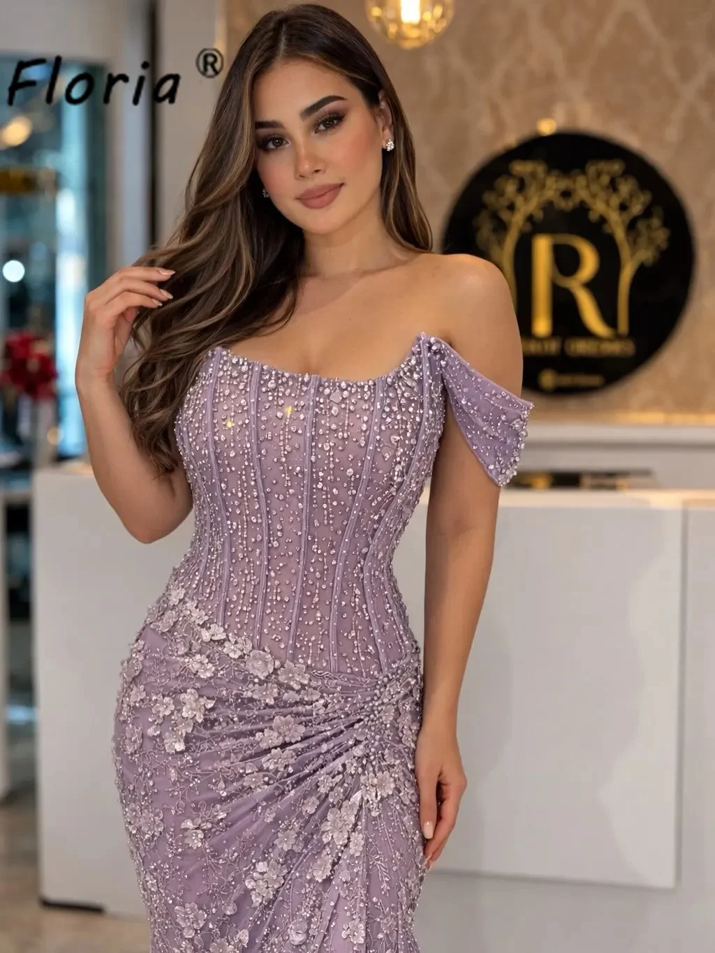 Dubai Luxury Lavender Mermaid Evening Gown Handmade Crystal 3D Flower Birthday Wedding Party Dress bodycon Formal Dress Gala