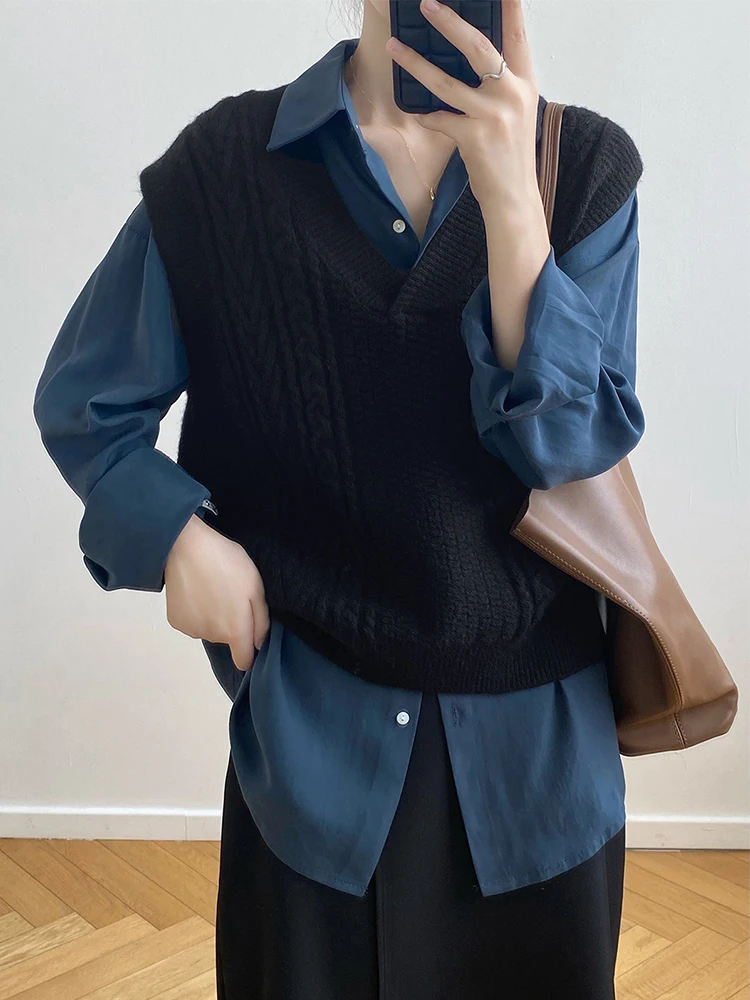 Retro Twist ey Knitted Vest Women's Sle Early Autumn Outerwear V-Ne Layered Loose Autumn Winter Sweater Vest Outerwear