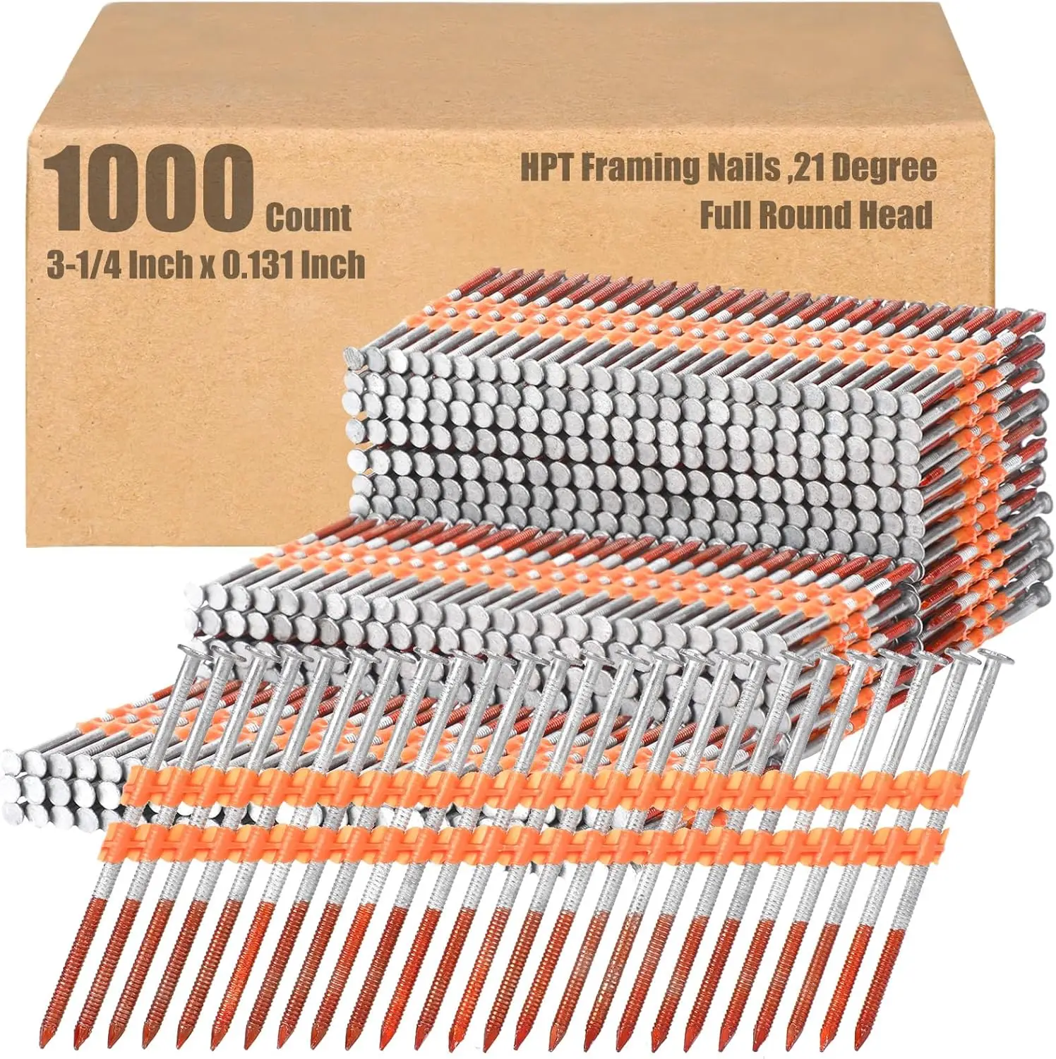 

1000 Count 21 Degree Framing Nails, Full Round Head, Ring Shank, Hot Dipped Galvanized, 3-1/4" x 0.131", for Pressure Treated Lumber