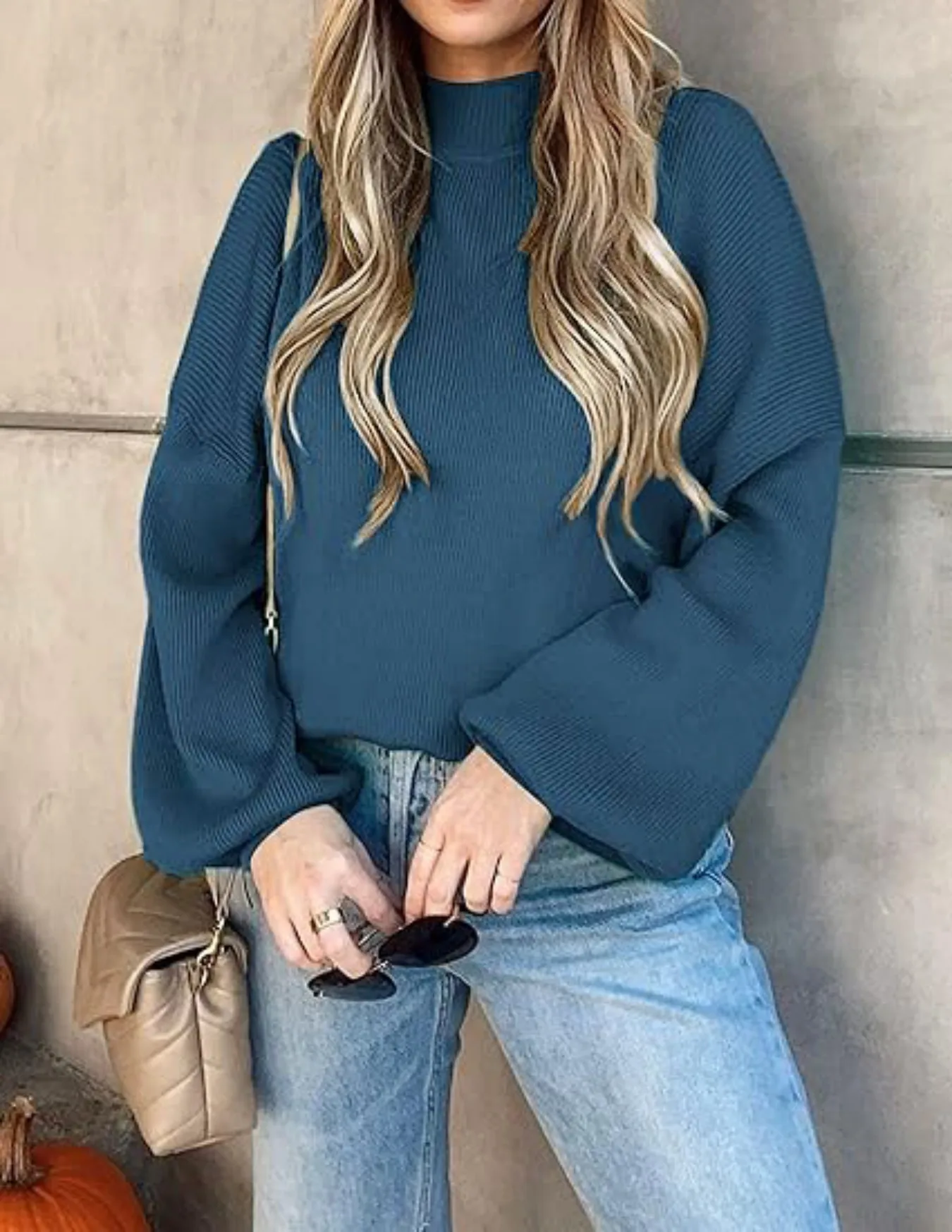 Women's Teal Ribbed Knit Turtleneck Sweater Oversized Balloon Sleeve Pullover