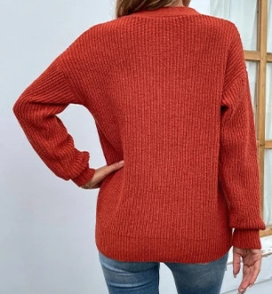 Women's fashionable casual solid color V-neck pullover with shoulder leakage sexy knitted sweater 2024 autumn new item