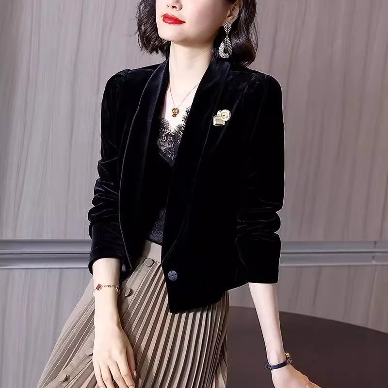 Gold Velvet Suit Short Jacket Women New Casual Top Short Fashionable Black Cardigan Suit