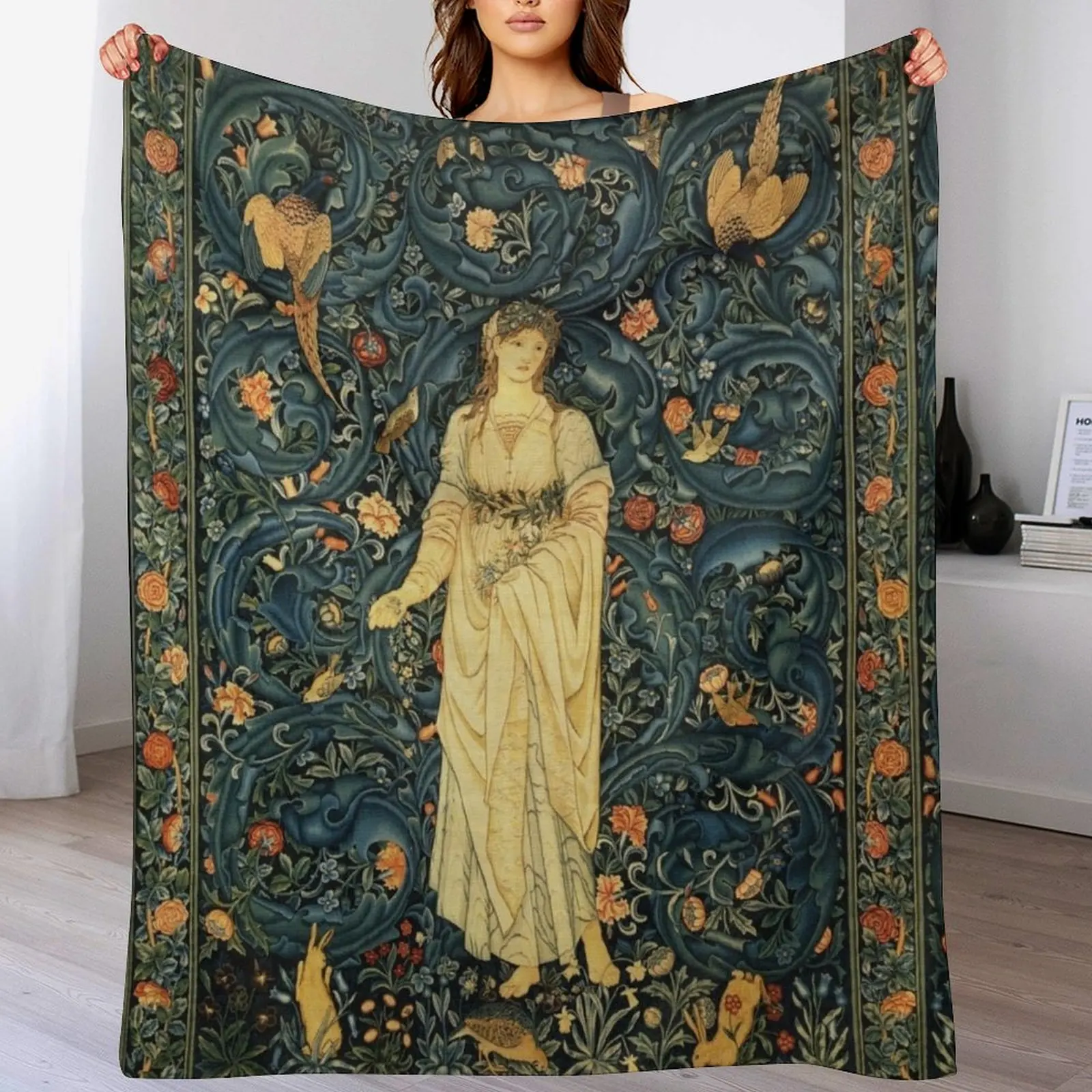 

LADY FLORA, GREENERY, FOREST ANIMALS ,BIRDS ,RABBITS Blue Green Floral Tapestry Throw Blanket Hairy Moving Blankets