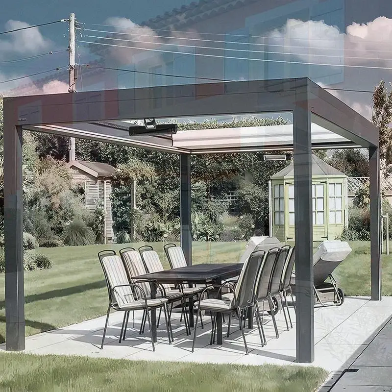 Pérgola de techo con persiana impermeable de aluminio con luz LED motorizada ajustable para jardín, Patio, patio trasero, pergo entretenido al aire libre