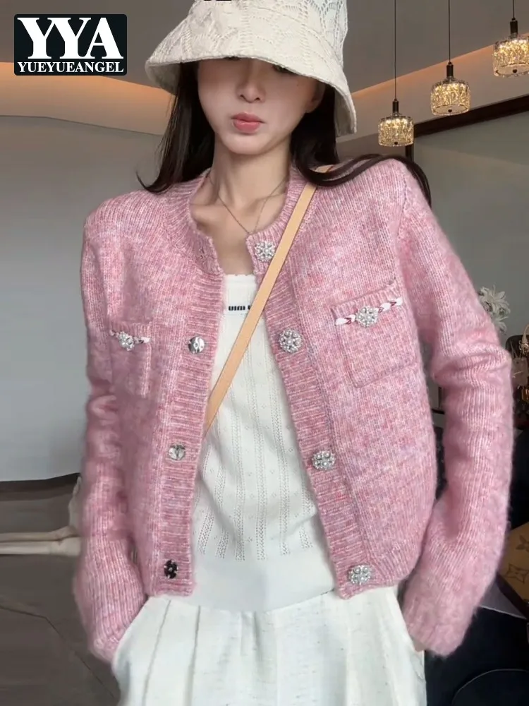 

Элегантный женский весенний нежно-розовый кардиган с круглым вырезом, на одной пуговице, с длинными рукавами, вязаная верхняя одежда, повседневная трикотажная куртка-пальто